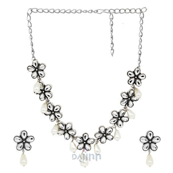 Dajinn Unnati Silver Oxidised Polki Necklace Set