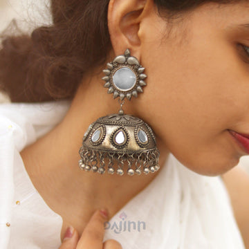 Dajinn Saiyra Silver Oxidised Mirror Jhumkis