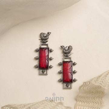 Dajinn Samaira Silver Oxidised Red Stone Earrings