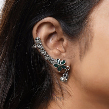 Dajinn Viha Silver Oxidised Green Floral Earcuff