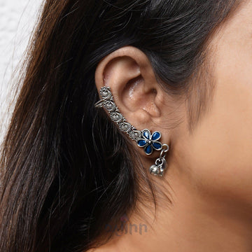 Dajinn Viha Silver Oxidised Blue  Floral Earcuff