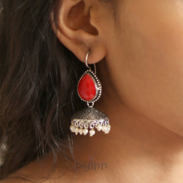 Dajinn Sahasra Red Stone Silver Oxidised Earrings
