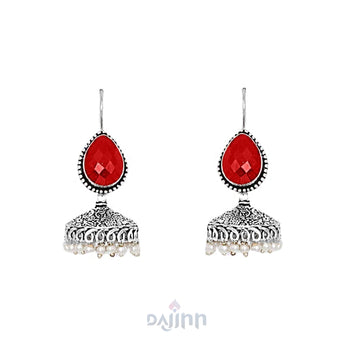Dajinn Sahasra Red Stone Silver Oxidised Earrings