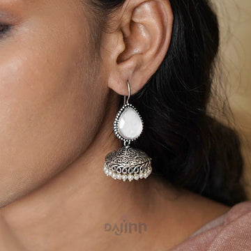 Dajinn Sahasra White Stone Silver Oxidised Earrings