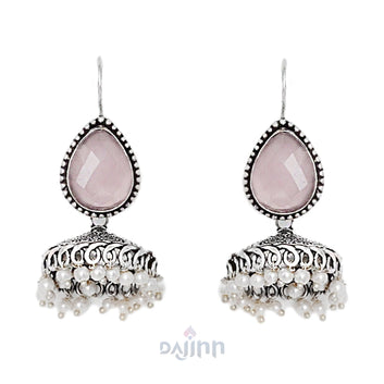 Dajinn Sahasra Pink Stone Silver Oxidised Earrings