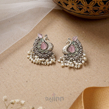 Dajinn Nirali  Pink & White Silver Oxidised Earrings