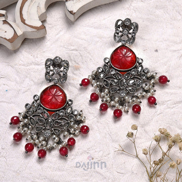 Dajinn Anaika Silver Oxidised  Red Stone Earrings