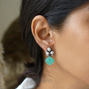 Dajinn Delisha  Light Blue Stone Silver Oxidised  Stud Earrings