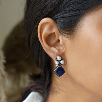 Dajinn Delisha Blue Stone Silver Oxidised  Stud Earrings