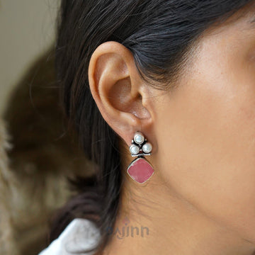 Dajinn Delisha Pink Stone Silver Oxidised  Stud Earrings