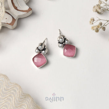 Dajinn Delisha Pink Stone Silver Oxidised  Stud Earrings