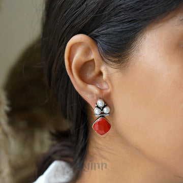Dajinn Delisha  Red Stone Silver Oxidised  Stud Earrings