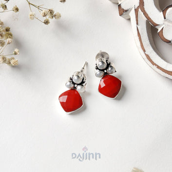 Dajinn Delisha  Red Stone Silver Oxidised  Stud Earrings