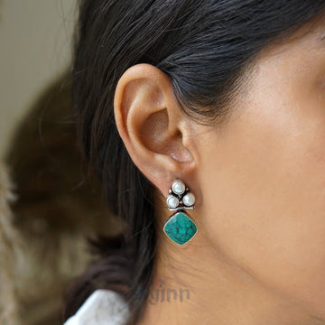 Dajinn Delisha Turquoise Stone Silver Oxidised  Stud Earrings