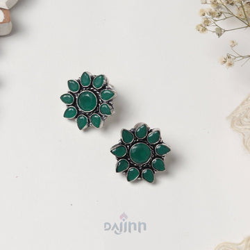 Dajinn Hrida Green Stone Silver Oxidised Stud Earrings
