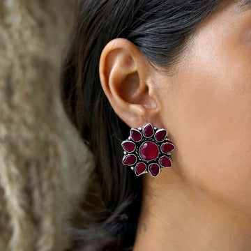 Dajinn Hrida  Pink Stone Silver Oxidised Stud Earrings