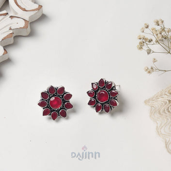 Dajinn Hrida  Pink Stone Silver Oxidised Stud Earrings