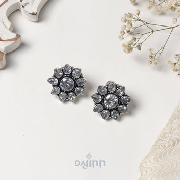 Dajinn Hrida White Stone Silver Oxidised Stud Earrings