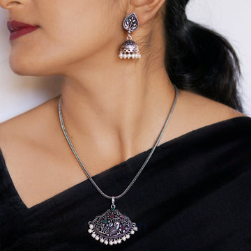 Pavaki Multi Colored Silver Oxidized  Pendant Set