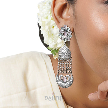 Dajinn Bina Floral Pink & Green Silver Oxidised Earrings
