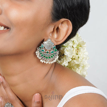 Dajinn Nimrat Green Stone Silver Oxidised Earrings
