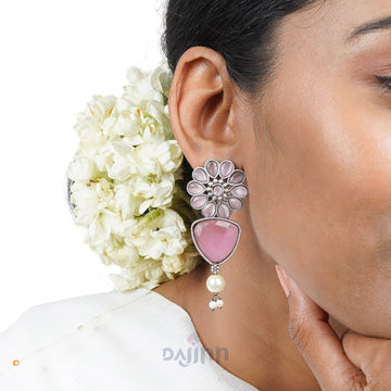 Dajinn Ashikaa Pink and White Silver Oxidised Earring