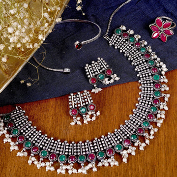 Dajinn Tishya Multi Colored Silver Oxidized Jewelry Gift Set