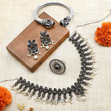 Dajinn Zoya black stone silver oxidized jewellery gift set
