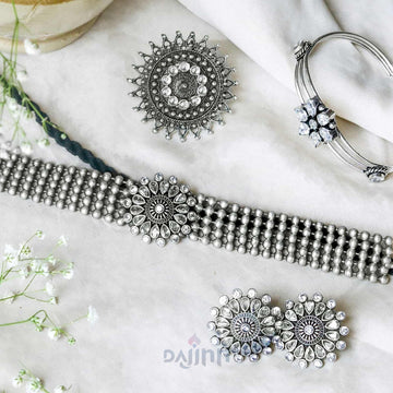 Dajinn Zuri White stone silver oxidized jewellery gift set