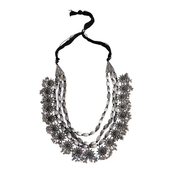 Arunima Floral Silver Oxidized Long Layered Necklace