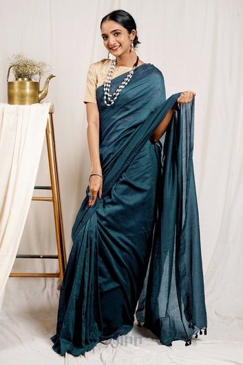 AYSR Boutique Anchor Peacock Blue Mulmul Cotton Saree