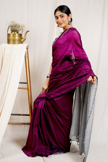 AYSR Boutique Raisin Purple and Grey Mulmul Cotton Saree