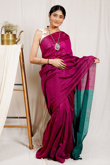 AYSR Boutique Carnation Pink and Green Mulmul Cotton Saree