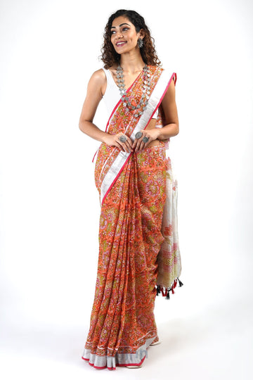AYSR Boutique Aniya Peach Linen Hand Block Saree With Blouse Piece