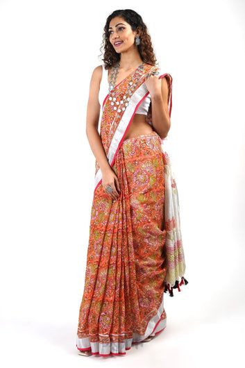 AYSR Boutique Aniya Peach Linen Hand Block Saree With Blouse Piece