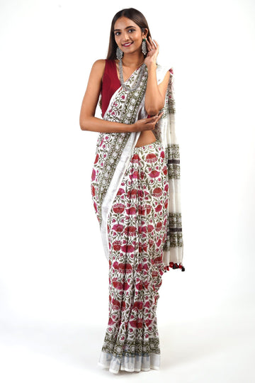 AYSR Boutique Aaria Pink and White Linen Hand Block Saree With Blouse Piece
