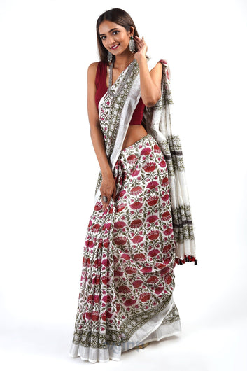 AYSR Boutique Aaria Pink and White Linen Hand Block Saree With Blouse Piece