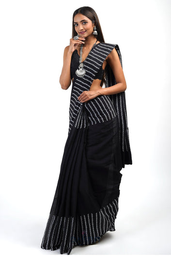 AYSR Boutique Urmika Black Block Print Cotton Saree With Blouse Piece