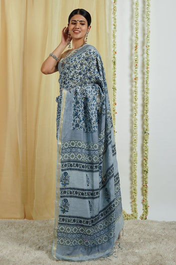 AYSR Boutique Chhaya Light Blue Block Print Chanderi Cotton Saree With Blouse Piece