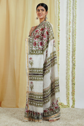 AYSR Boutique Vyakhya White and Pink Block Print Chanderi Cotton Saree With Blouse Piece