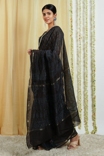 AYSR Boutique Nyra Black Block Print Chanderi Silk Saree With Blouse Piece