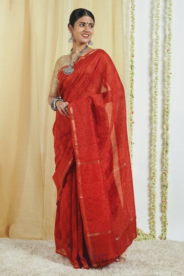 AYSR Boutique Trinetra Red Block Print Chanderi Silk Saree With Blouse Piece