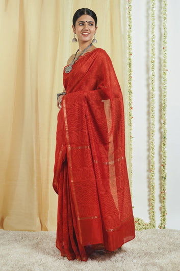 AYSR Boutique Trinetra Red Block Print Chanderi Silk Saree With Blouse Piece