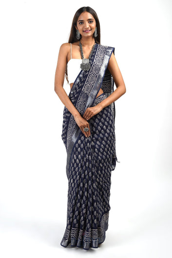 AYSR Boutique Meira Indigo Block Print Linen Saree With Blouse Piece