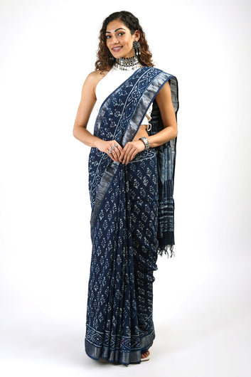 AYSR Boutique Aakash Indigo Block Print Linen Saree With Blouse Piece