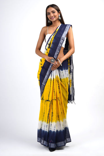AYSR Boutique Suneheri Blue and Yellow Tie and Dye Linen Cotton Saree With Blouse Piece