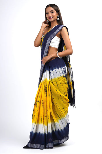 AYSR Boutique Suneheri Blue and Yellow Tie and Dye Linen Cotton Saree With Blouse Piece