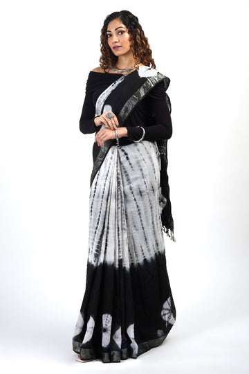 AYSR Boutique Midnight Sky Black and White Tie Dye Linen Cotton Saree With Blouse Piece