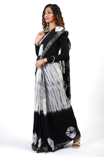 AYSR Boutique Midnight Sky Black and White Tie Dye Linen Cotton Saree With Blouse Piece