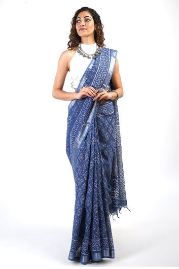 AYSR Boutique Aasmani Blue Block Print Linen Cotton Saree With Blouse Piece